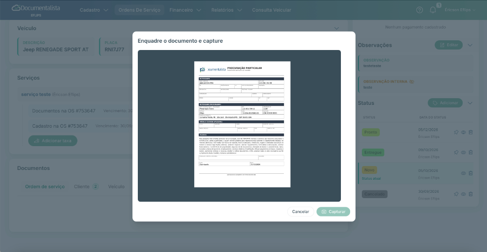 Digitalização de documentos no sistema ou envio de link para o cliente