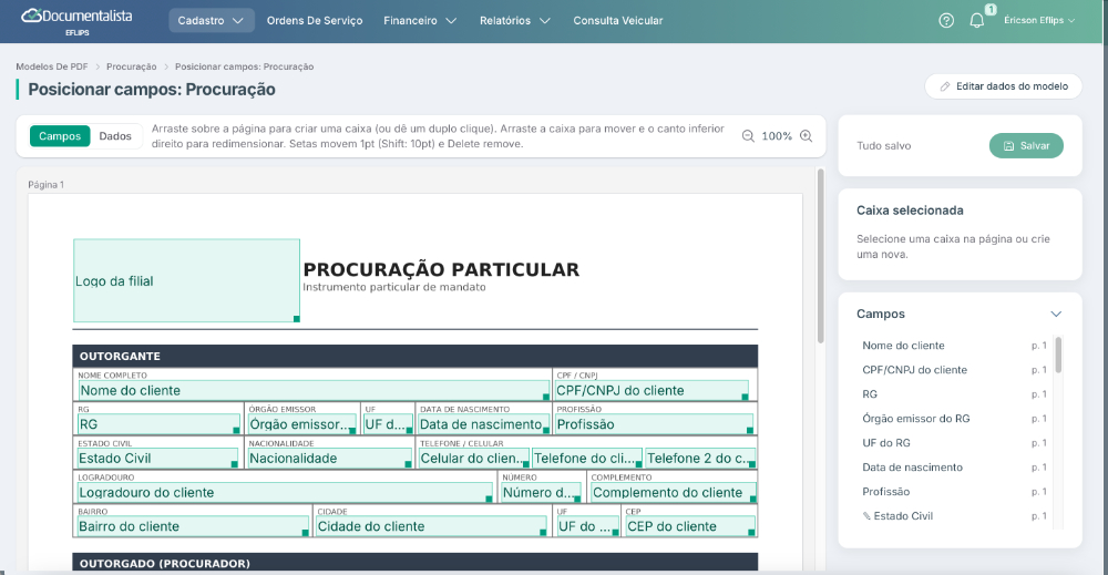 Mapeamento e criação de procurações e declarações em PDF no software Documentalista
